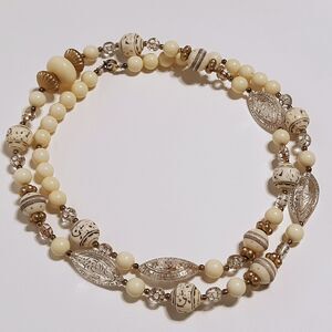 Vintage Long Boho Necklace Tan Cream White Gold Clear Beads Multi Style Costume